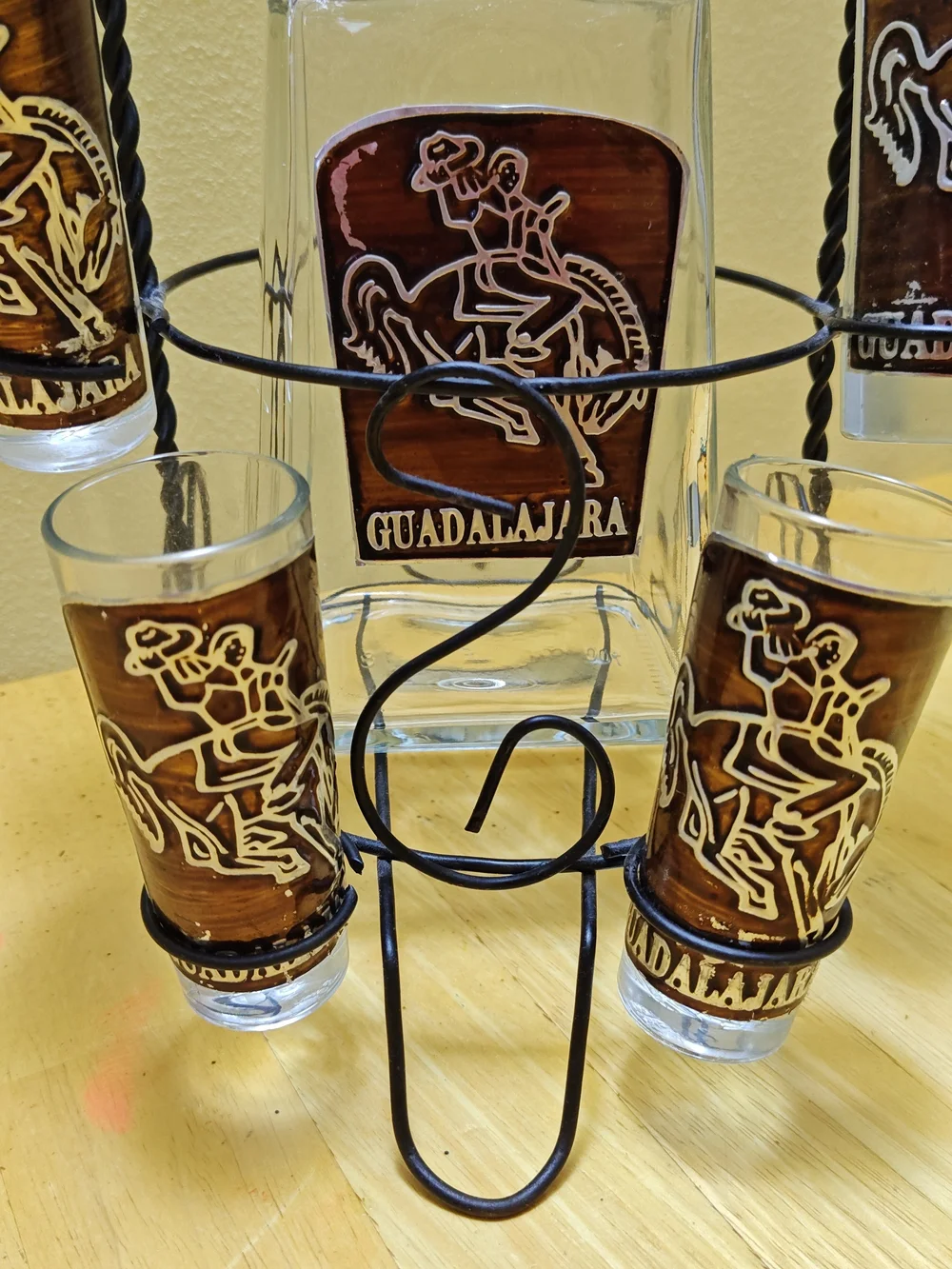 Vintage Guadalajara Tequila Decanter Set with 6 Shot Glasses Wrought Iron Stand